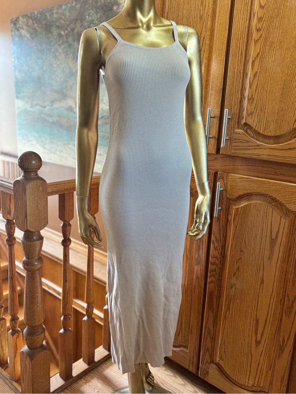 Charlie Holiday Ribbed Maxi Slip Dress in Light Beige